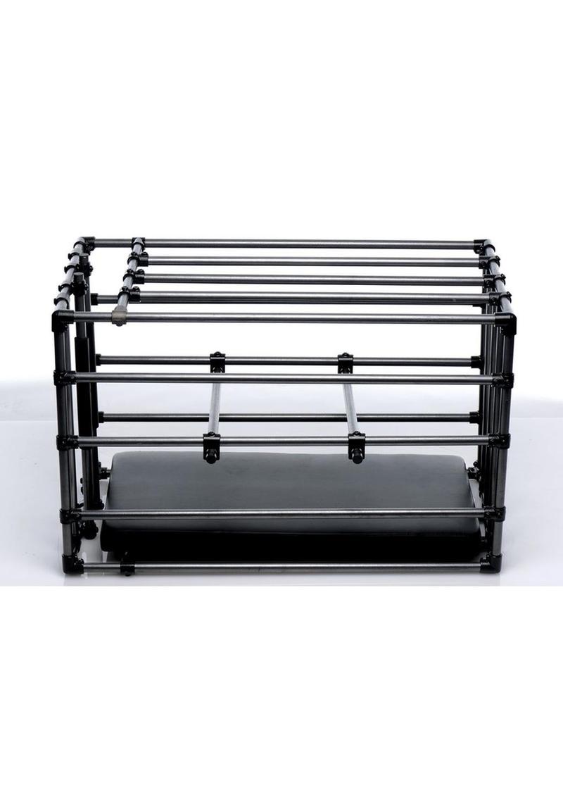 Adjustable puppy cage with padded board, positioning bars, and sturdy steel construction for BDSM and roleplay.