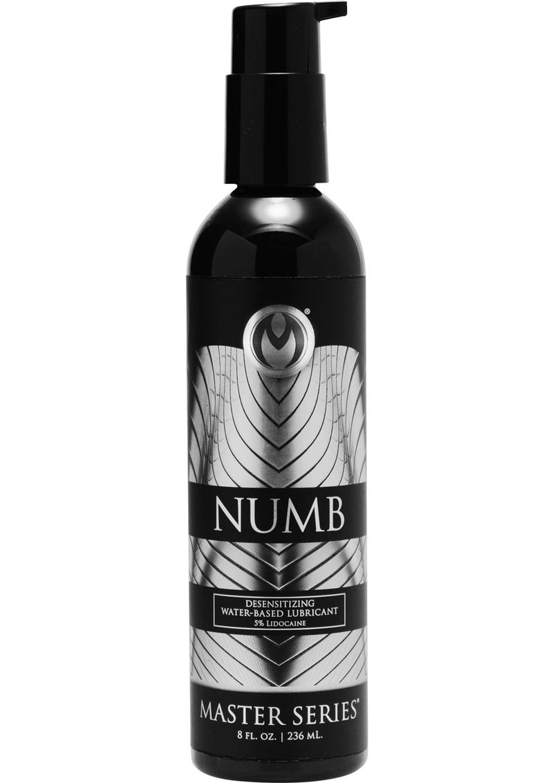 Master Series Numb Desensitizing Lubricant with Lidocaine - 8oz Water-based lubricant with 3.5% lidocaine for enhanced comfort, non-staining, easy to clean, compatible with silicone and latex.
