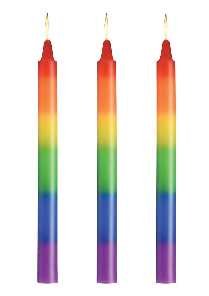 Set of three unscented rainbow drip candles designed for wax play, featuring vibrant layers of color for temperature sensation and artistic body art.