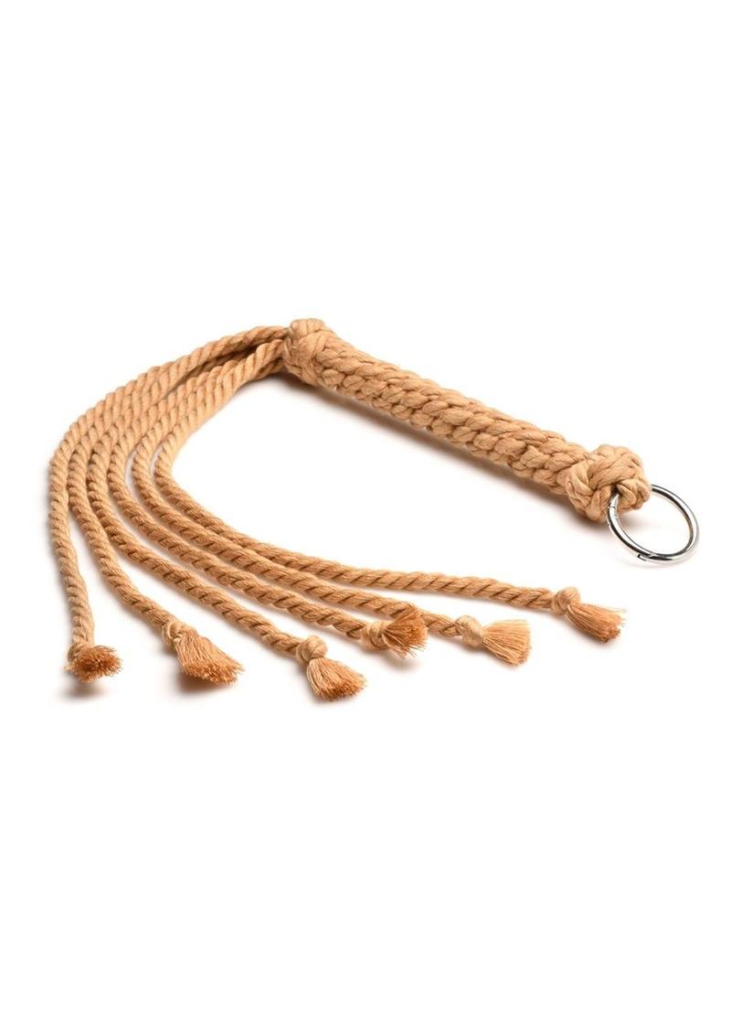 Master Series Swashbuckler Rope Flogger - Tan Ivory Master Series Swashbuckler Rope Flogger with six twisted tassels, a rigid metal alloy handle, and a detachable hanging ring for impact play.