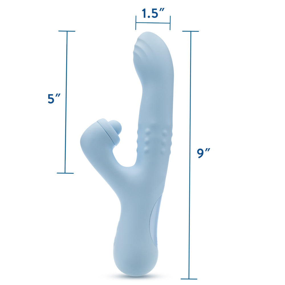 Blue dual-stimulation rabbit vibrator with sliding beads, come-hither motion, and clitoral massaging ball for waterproof play.
Keywords: rabbit vibrator, Devin vibrator, G-spot vibrator, clitoral stimulation, dual-stimulation, sliding beads vibrator, come-hither motion, waterproof vibrator, USB rechargeable, soft silicone, body-safe, 9.25-inch vibrator, massaging beads, clitoral thumper