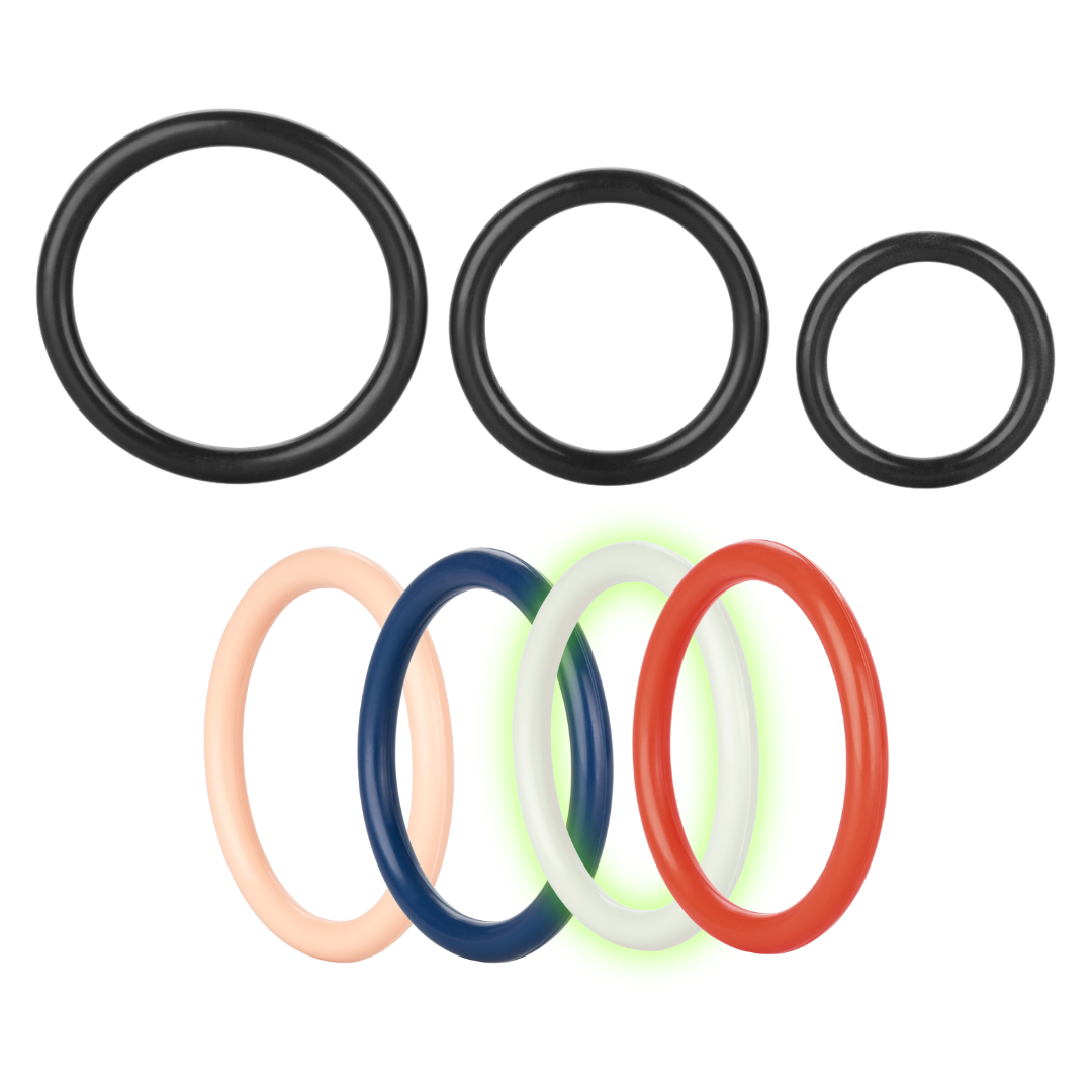 Tri-Rings Multi-Purpose Rubber Set, black, blue, red, vanilla, glow-in-the-dark white, 3 sizes, waterproof, phthalate-free.
multi-purpose rubber rings, erection enhancers, stamina support rings, glow-in-the-dark cock rings, flexible rubber rings, phthalate-free erection rings, waterproof penis rings, reusable cock rings, couples play accessories.
