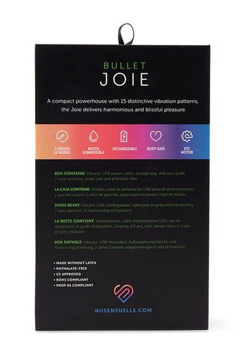 Nu Sensuelle Joie Rechargeable Silicone Bullet - Black Joie bullet vibrator with 3 speeds, 12 pulsations, waterproof design, and USB rechargeable.
Keywords: Joie bullet vibrator, compact vibrator, waterproof bullet vibe, 12-pulsation bullet, USB rechargeable vibrator, body-safe small vibrator, clitoral and nipple stimulator, travel-friendly vibrator, moderate intensity vibrator, versatile bullet vibrator.