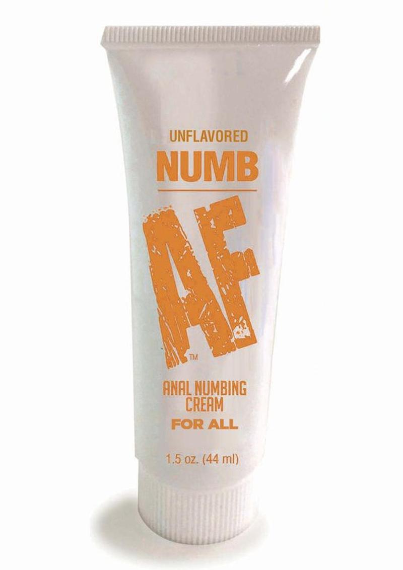 Tube of Unflavored NUMB AF Anal Numbing Cream in a 1.5 oz (44 ml) size. The packaging features bold blue text with "NUMB AF" prominently displayed, along with "Anal Numbing Cream For All" beneath it. The flavor is listed at the top, and the tube has a simple, clean design, emphasizing its numbing function and flavor.