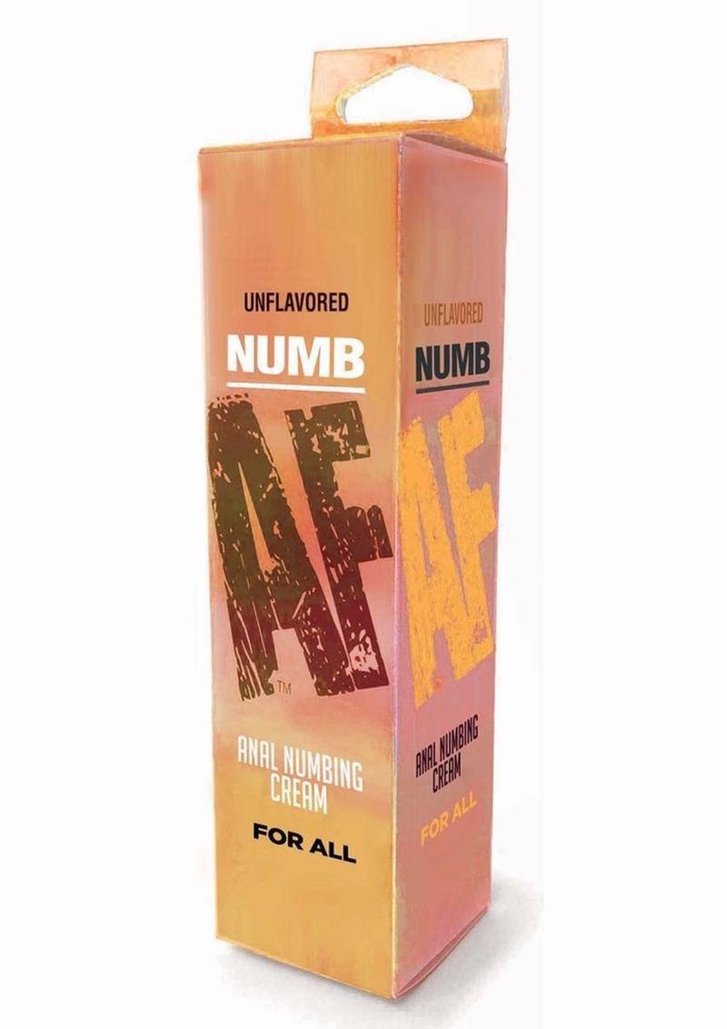 Yellow and brown box of UnFlavored NUMB AF Anal Numbing Cream. The front showcases "NUMB AF" in large, distressed text, with "Anal Numbing Cream" and "For All" beneath it. The flavor is labeled at the top. The packaging is bold and flavor-specific, designed for comfort during anal play.