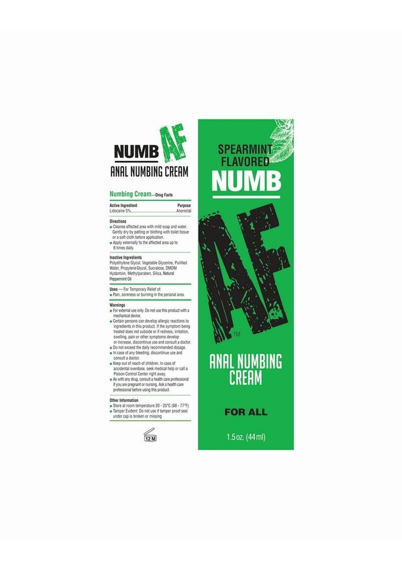 Close-up of the packaging for spearmint flavored NUMB AF Anal Numbing Cream in a 1.5 oz (44 ml) tube. The green box displays the product name with flavor at the top and "Anal Numbing Cream For All" at the bottom. The left side of the box lists active and inactive ingredients, directions, uses, and warnings. The cream contains 5% lidocaine for temporary relief of pain, soreness, or burning in the perianal area. Safety and usage instructions are provided, including storage information and cautions