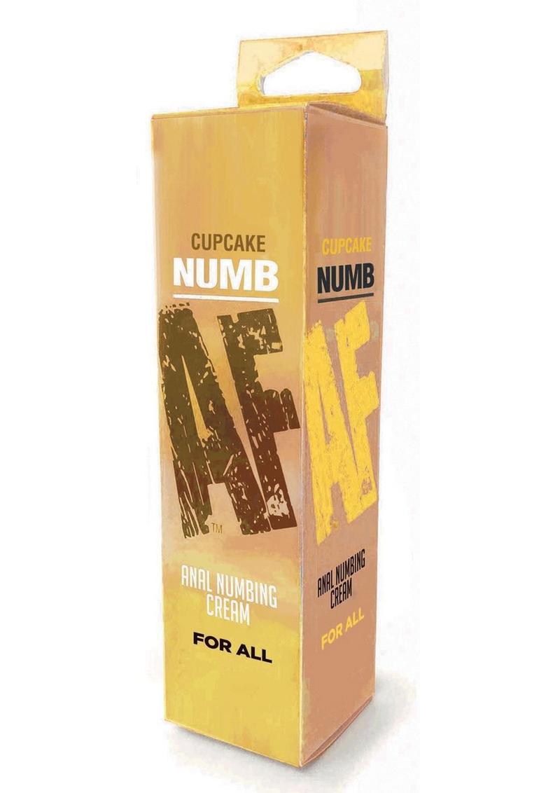Yellow and brown box of cupcake NUMB AF Anal Numbing Cream. The front showcases "NUMB AF" in large, distressed text, with "Anal Numbing Cream" and "For All" beneath it. The flavor is labeled at the top. The packaging is bold and flavor-specific, designed for comfort during anal play.