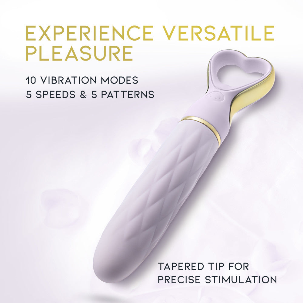 A chic, heart-shaped vibrator with 10 vibration modes, a tapered tip, and a gold-accented handle. Made from soft silicone, it’s splashproof, USB rechargeable, and compact for travel.
Keywords: Delice vibrator, heart-shaped handle, chic vibrator, Puria silicone, UltraSilk finish, splashproof vibrator, USB rechargeable, travel-friendly vibrator, 10 vibration modes, compact vibrator, body-safe silicone, giftable vibrator