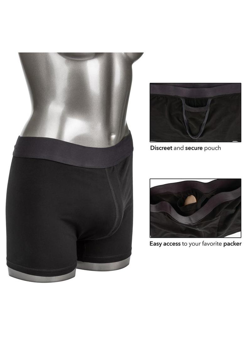 Packer Gear Black Boxer Brief Harness with stretchy fabric, reinforced O-ring, packer pouch, and 2-panel design for comfortable, stylish packing.
Packer Gear Black Boxer Brief Harness, strapless harness briefs, packer-friendly boxer briefs, natural look harness, double penetration briefs, reinforced O-ring packer briefs, phthalate-free harness, washable boxer brief harness, bullet pocket harness briefs, plus size harness