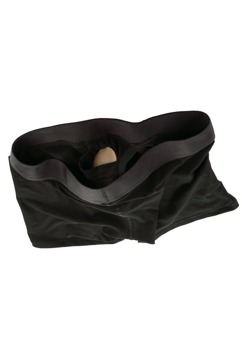 Packer Gear Black Boxer Brief Harness with stretchy fabric, reinforced O-ring, packer pouch, and 2-panel design for comfortable, stylish packing.
Packer Gear Black Boxer Brief Harness, strapless harness briefs, packer-friendly boxer briefs, natural look harness, double penetration briefs, reinforced O-ring packer briefs, phthalate-free harness, washable boxer brief harness, bullet pocket harness briefs, plus size harness