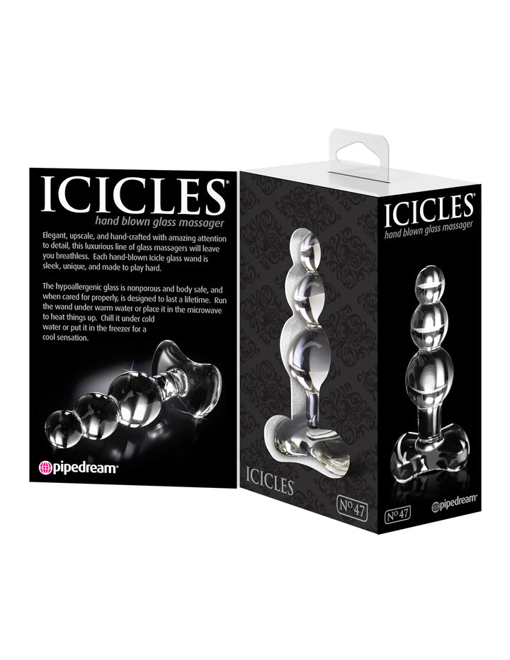 Hand-blown glass plug with tapered tip, graduated bulbs, and ergonomic base, perfect for anal play and temperature-responsive sensations.
Icicles No. 47 glass plug, hand-blown glass anal plug, luxury anal toy, hypoallergenic glass plug, graduated bulb anal plug, temperature play glass toy, elegant anal massager, nonporous glass butt plug, ergonomic anal toy, dishwasher-safe anal plug