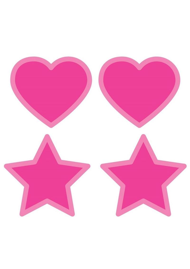 Peekaboo Glow In The Dark Hearts and Stars Pasties - Glow In The Dark/Hot Pink/Pink. Hot pink glow-in-the-dark pasties in heart and star designs with self-adhesive backing. Fun, flirty, and perfect for festivals or playful looks.