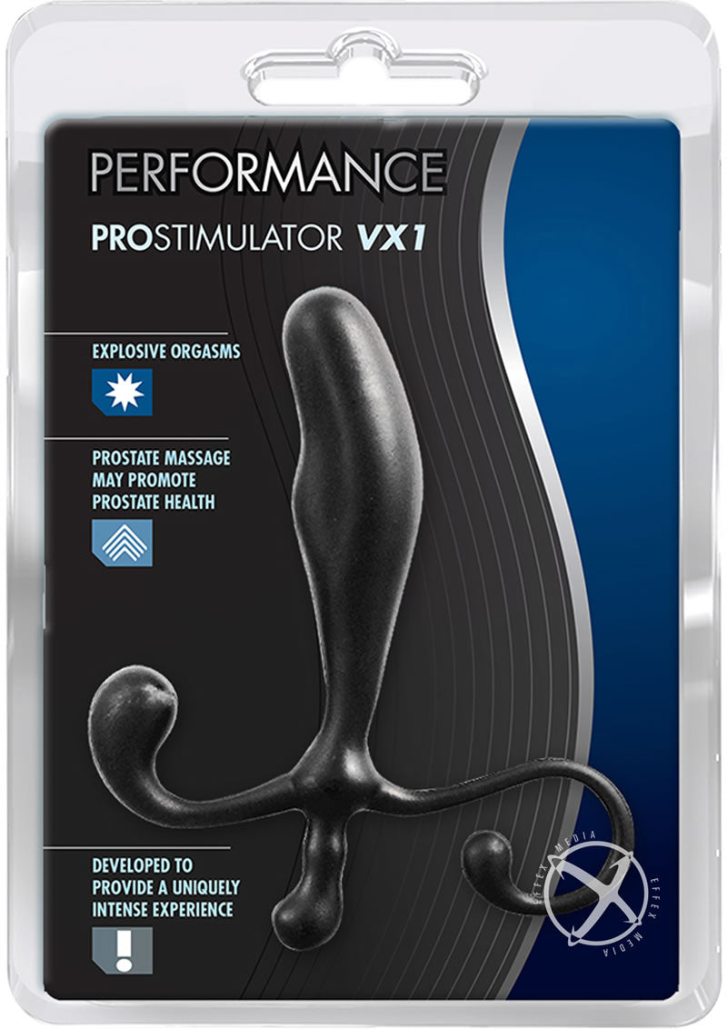 Packaging of the Performance Prostimulator VX1 Prostate Massager, showcasing its sleek black ergonomic design for precise prostate stimulation. Highlights include features like "explosive orgasms" and "prostate massage may promote prostate health," with a smooth finish and hands-free capability.