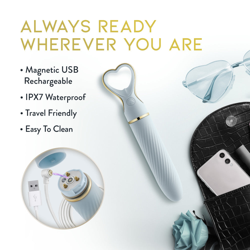 A chic, heart-shaped vibrator with 10 vibration modes, a tapered tip, and a gold-accented handle. Made from soft silicone, it’s splashproof, USB rechargeable, and compact for travel.
Keywords: Delice vibrator, heart-shaped handle, chic vibrator, Puria silicone, UltraSilk finish, splashproof vibrator, USB rechargeable, travel-friendly vibrator, 10 vibration modes, compact vibrator, body-safe silicone, giftable vibrator