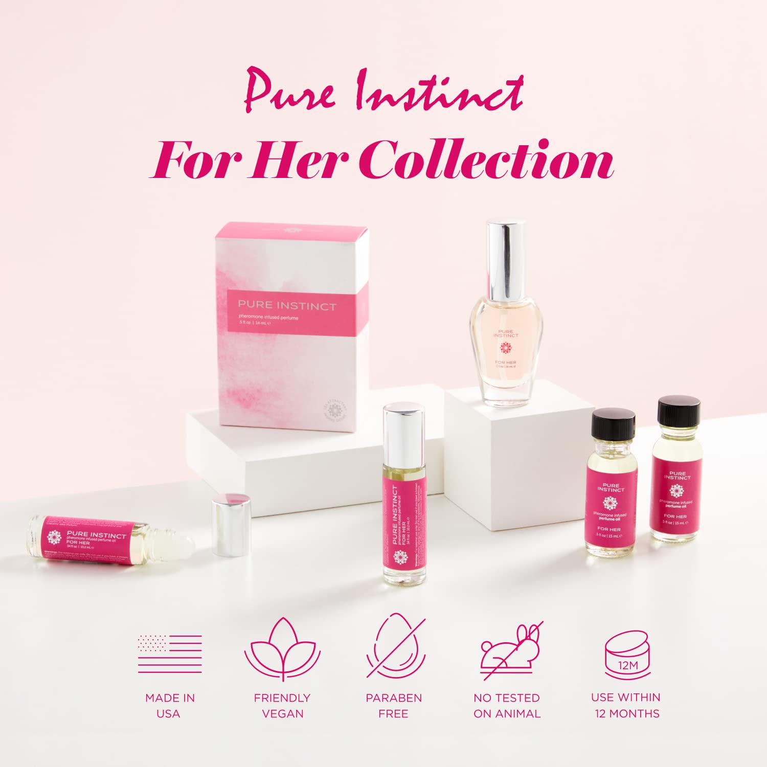 Pure Instinct For Her pheromone-infused perfume, featuring bergamot, tangerine, vanilla, and sandalwood. Clean, cruelty-free, and paraben-free.
Pure Instinct For Her, pheromone perfume, bergamot perfume, vanilla sandalwood scent, paraben-free perfume, cruelty-free fragrance, attract attention perfume, pheromone-infused oil, clean beauty perfume, sensual fragrance for women.