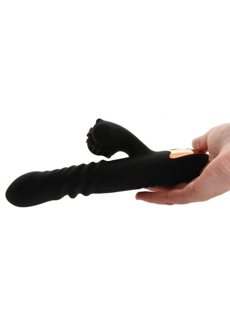 Princess Heat-Up Spinning Thruster, a rabbit-style vibrator with dual motors, heating, thrusting, rotating action, and spinning tickler wheel.
Heat-Up Spinning Thruster, rabbit vibrator, heated rabbit vibrator, thrusting vibrator, rotating vibrator, spinning tickler vibrator, waterproof G-spot massager, rechargeable rabbit vibrator, silicone rabbit vibrator, dual-motor rabbit toy.