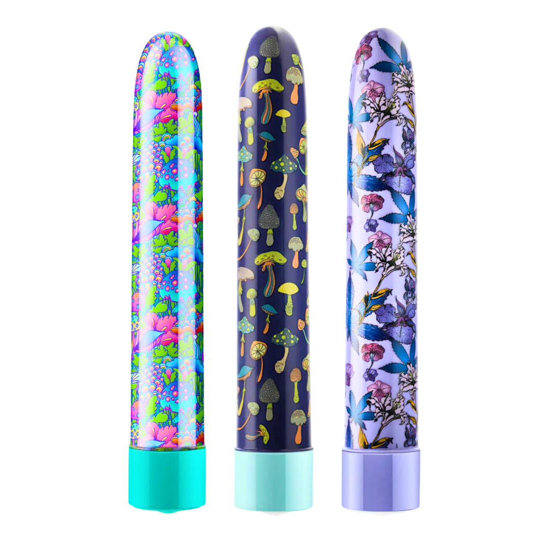 A set of three vibrators featuring psychedelic teal, mushroom-themed blue, and floral cannabis purple designs with customizable vibrations and waterproof functionality.
Keywords: psychedelic vibrator, slimline G-spot vibrator, RumbleTech vibrator, mushroom design vibrator, cannabis-inspired vibrator, waterproof sex toy, USB rechargeable vibrator, colorful vibrator, body-safe sex toy, stylish vibrators.