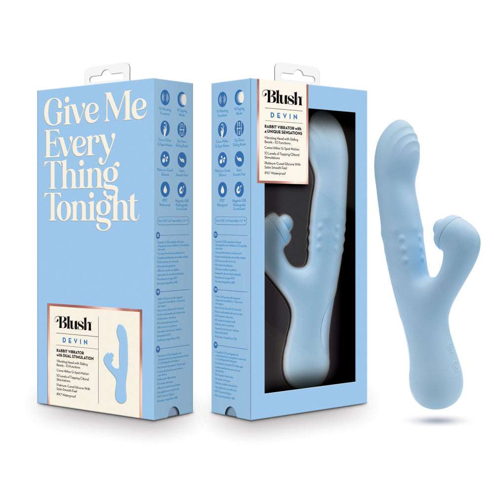 Blue dual-stimulation rabbit vibrator with sliding beads, come-hither motion, and clitoral massaging ball for waterproof play.
Keywords: rabbit vibrator, Devin vibrator, G-spot vibrator, clitoral stimulation, dual-stimulation, sliding beads vibrator, come-hither motion, waterproof vibrator, USB rechargeable, soft silicone, body-safe, 9.25-inch vibrator, massaging beads, clitoral thumper
