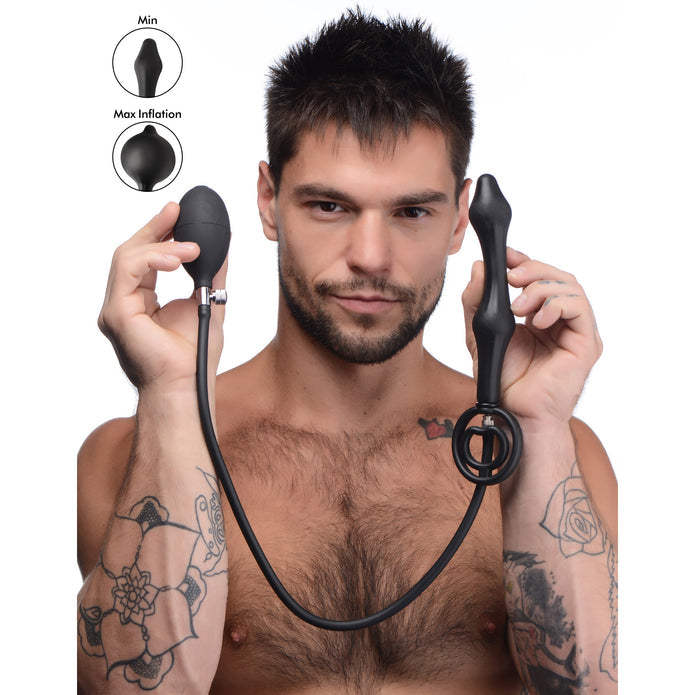 Black inflatable silicone anal plug with attached cock and ball ring, featuring rattling balls, a hand pump, and silky smooth, body-safe silicone material.
inflatable anal plug with cock ring, silicone anal plug with rattling balls, adjustable anal plug, cock and ball ring combo toy, anal and erection enhancer, phthalate-free anal plug, customizable inflatable anal toy, black silicone anal toy.