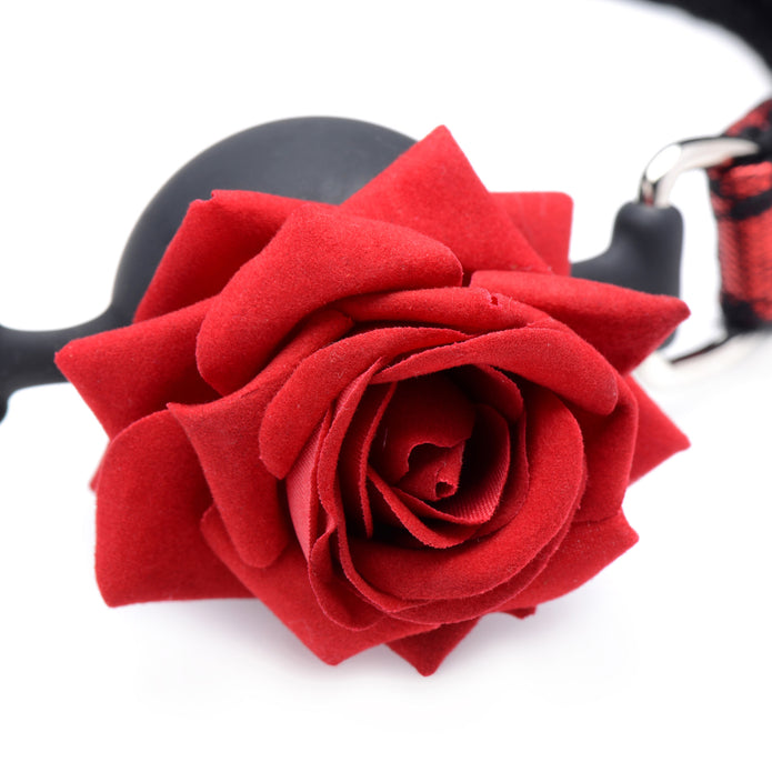 Master Series Silicone Ball Gag with a red rose accent, breathable silicone ball, adjustable lace strap, and soft inner lining.
Master Series ball gag, rose ball gag, breathable silicone gag, red and black lace gag, adjustable BDSM gag, realistic rose gag, soft inner lining gag, bondage accessories, floral ball gag, premium silicone gag.