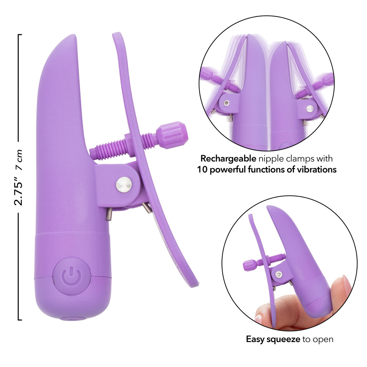 Nipplettes Rechargeable Nipple Clamps in pink or purple, with adjustable tension, 10 vibration functions, and waterproof, USB-rechargeable design.
pink nipple clamps, purple nipple clamps, adjustable nipple clamps, vibrating clamps, waterproof nipple clamps, USB rechargeable clamps, 10-function clamps, wearable nipple toys, sensory play accessories, stylish nipple clamps.