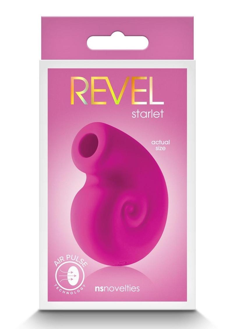 Packaging for the Revel Starlet Air Pulse Vibrator in teal and pink, highlighting its snail shell-inspired design. Features include Air Pulse Technology and the product's actual size image on the front, branded by NS Novelties.