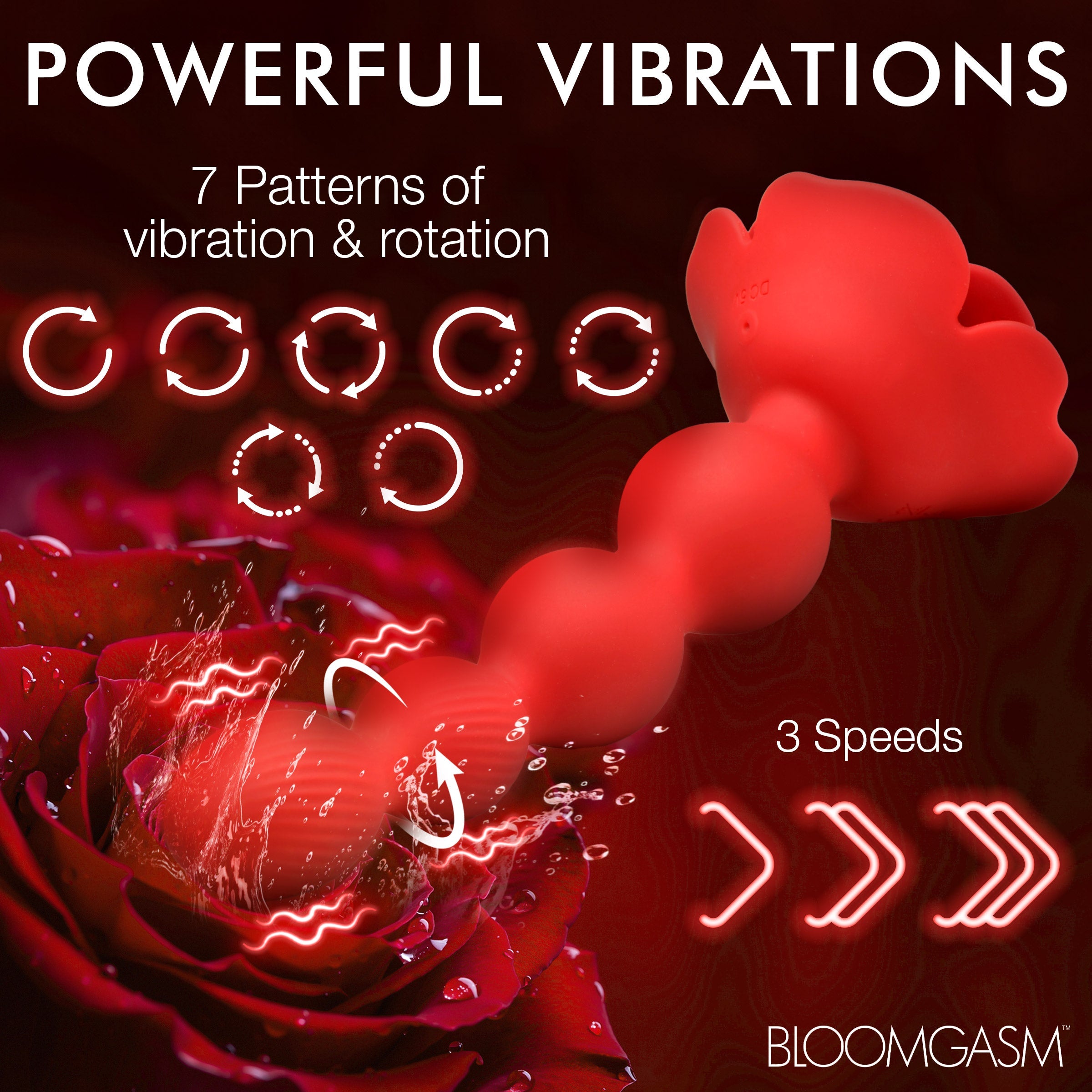 Rose Twirl 10X Vibrating & Rotating Silicone Anal Beads, featuring 3 speeds, 7 patterns, textured beads, premium silicone, and IPX6 waterproof design for body-safe backdoor pleasure
vibrating anal beads, rotating anal beads, silicone anal toy, textured anal beads, body-safe silicone, waterproof anal toy, rechargeable anal toy, anal beads for beginners, rose-themed adult toy