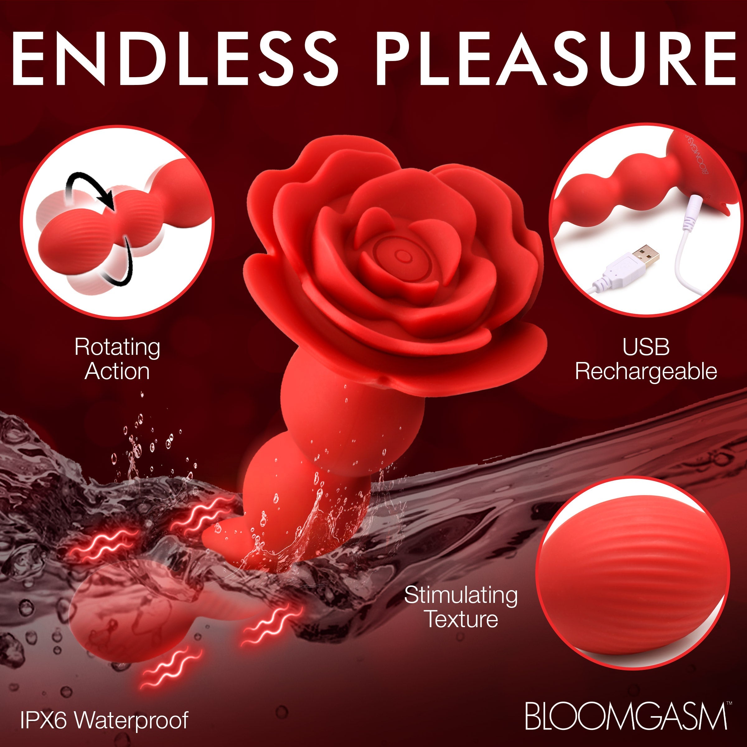Rose Twirl 10X Vibrating & Rotating Silicone Anal Beads, featuring 3 speeds, 7 patterns, textured beads, premium silicone, and IPX6 waterproof design for body-safe backdoor pleasure
vibrating anal beads, rotating anal beads, silicone anal toy, textured anal beads, body-safe silicone, waterproof anal toy, rechargeable anal toy, anal beads for beginners, rose-themed adult toy