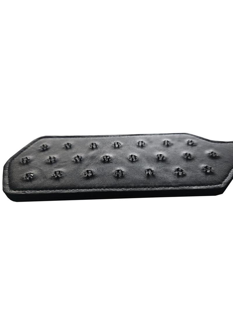 Black leather paddle with 22 metal spike clusters, designed for advanced BDSM impact play.