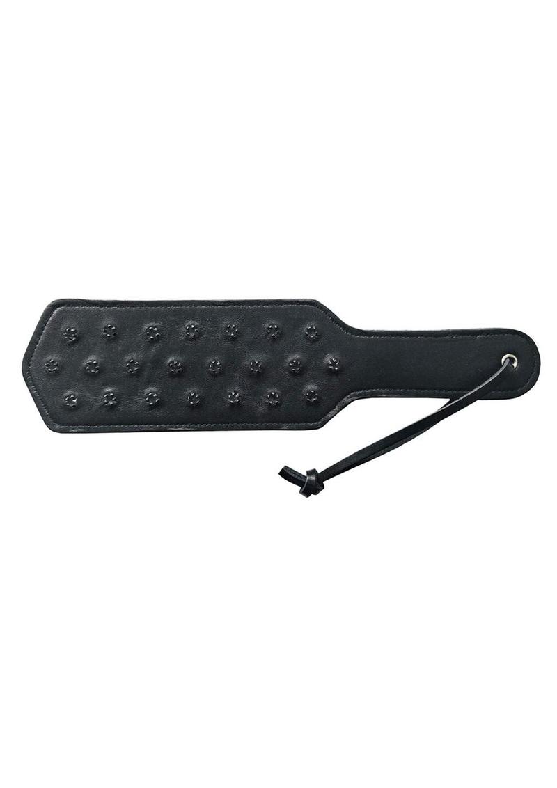 Black leather paddle with 22 metal spike clusters, designed for advanced BDSM impact play.