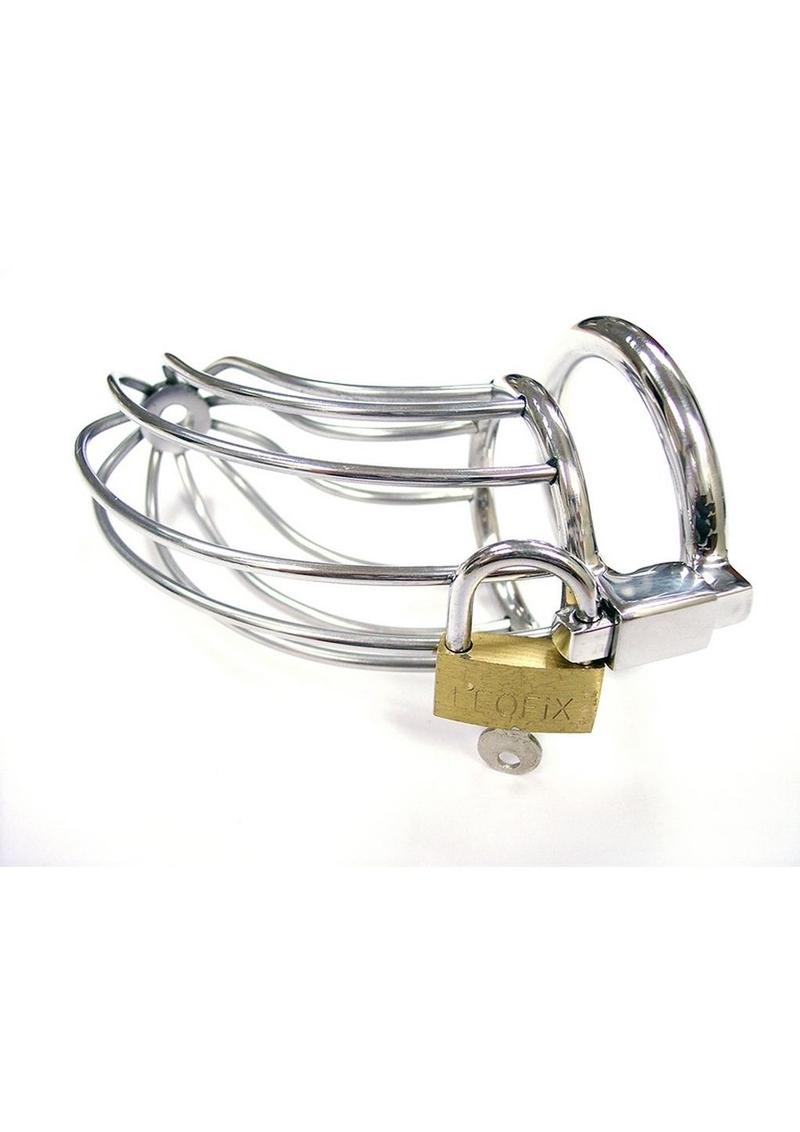 Stainless steel chastity cock cage with open design, padlock, and key; 6-inch cage with 1.57-inch ring.
stainless steel chastity cage, male chastity device, open cage cock cage, chastity cage with padlock, temperature play chastity cage, non-porous chastity device, durable chastity cage, sleek chastity cock cage, hygienic cock cage, chastity play accessory, 6-inch chastity cage, secure chastity device.