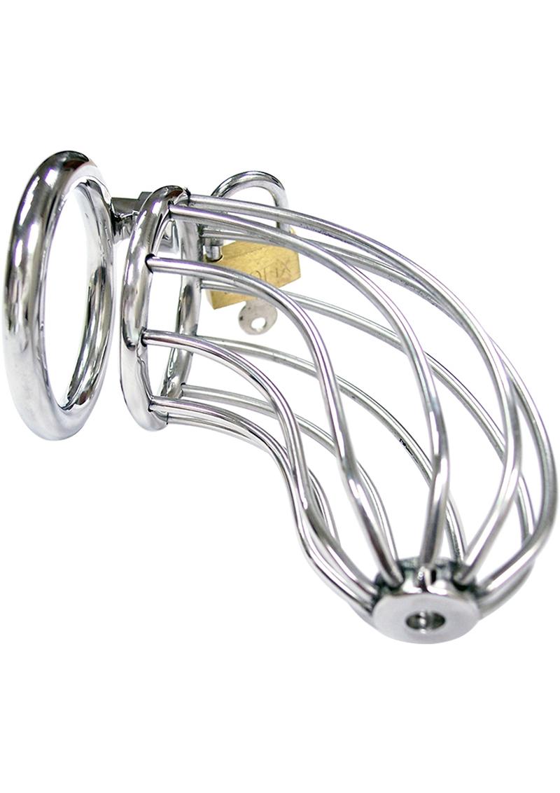 Stainless steel chastity cock cage with open design, padlock, and key; 6-inch cage with 1.57-inch ring.
stainless steel chastity cage, male chastity device, open cage cock cage, chastity cage with padlock, temperature play chastity cage, non-porous chastity device, durable chastity cage, sleek chastity cock cage, hygienic cock cage, chastity play accessory, 6-inch chastity cage, secure chastity device.