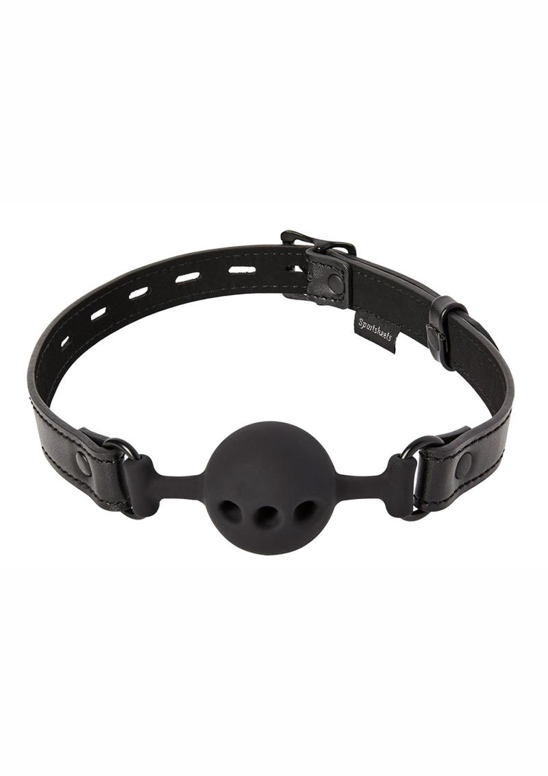 Saffron Breathable Ball Gag - Black Sportsheets Saffron Breathable Ball Gag with locking buckle, silicone ball, and adjustable fit for extended bondage play.