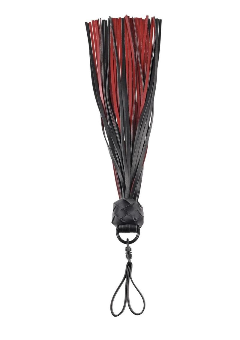 Saffron Finger Flogger - Black/Red Vegan leather Saffron Finger Flogger with 40 scarlet and black falls, designed for precise and playful impact. Keywords: saffron finger flogger, vegan leather flogger, faux leather flogger, BDSM flogger, scarlet and black flogger, kink flogger, finger loop flogger, lightweight flogger, impact play flogger, sensual flogging tool, Sportsheets flogger, cruelty-free BDSM gear.