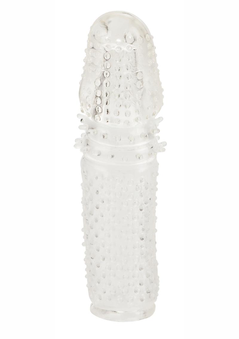 Senso Penis Extender - Clear Senso penis extender, clear penis sleeve, textured stimulator sleeve, Senso extension, stretchy TPR enhancer, penis length and girth enhancer, waterproof sex toy, mutual pleasure extender, easy-to-clean sleeve, clear textured extension