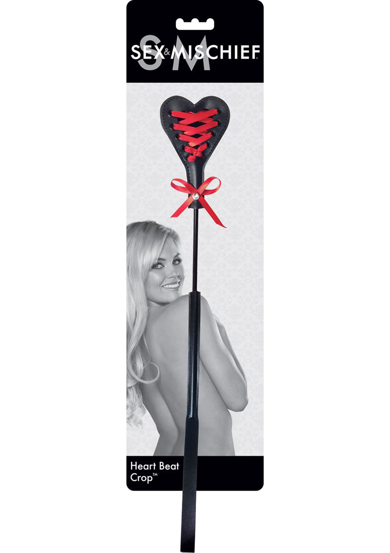 Sportsheets Heart Beat Crop: Dual-sided spanking crop with smooth and laced surfaces, red corset-inspired lacing, and sparkling bling for stylish impact play.