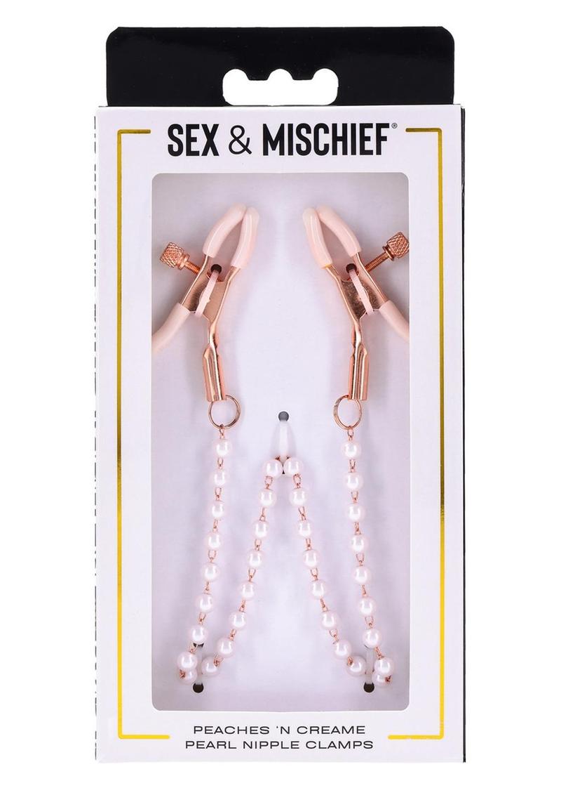 Rose gold nipple clamps with faux pearl accents. Adjustable design with white rubber tips to enhance sensitivity. Hypoallergenic and nickel-free for safe, stylish play.