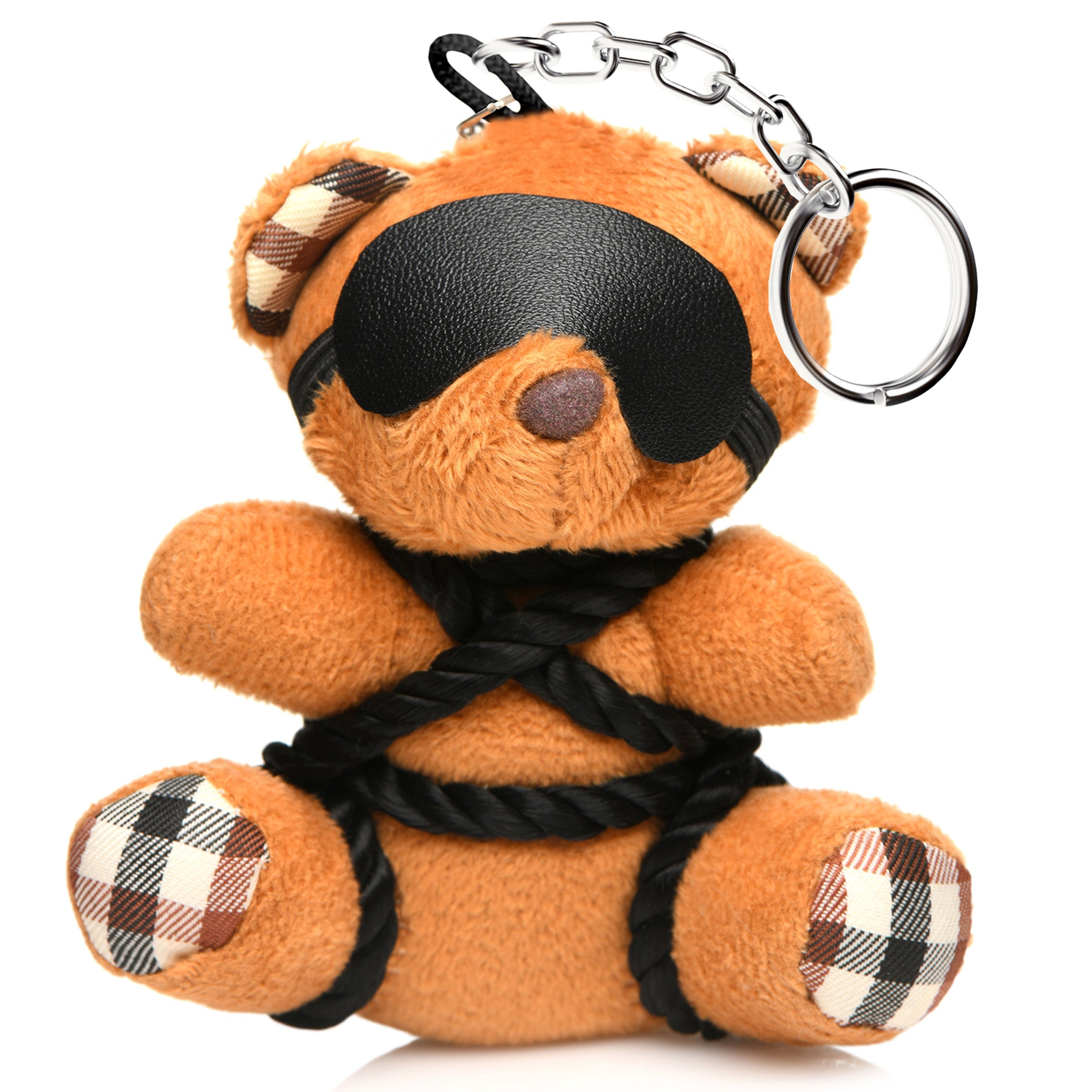Burnt orange teddy bear keychain tied in silky rope bondage with a removable blindfold, a fun novelty accessory or gift.
shibari teddy bear keychain, rope bondage bear keychain, BDSM novelty gift, bondage bear keychain accessory, kinky teddy bear gift, burnt orange bear keychain, shibari rope bear, playful bondage bear keychain, BDSM-themed keychain gift, novelty shibari bear accessory