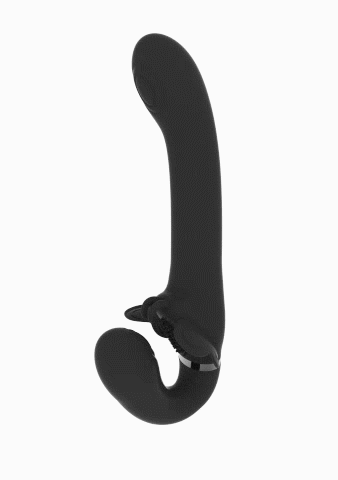 Image of the SATU strapless strap-on in black, featuring a sleek design, three motors for clitoral, G-spot, and partner stimulation, and a USB magnetic charger.