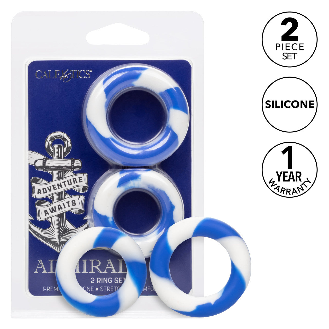 Admiral® 2 Ring Set with premium silicone, blue and white design, seamless fit, and waterproof durability.
Keywords: silicone enhancer rings, stretchy cock rings, stamina rings, performance booster rings, waterproof cock rings, phthalate-free rings, body-safe silicone rings, blue and white cock rings, pleasure-enhancing rings.