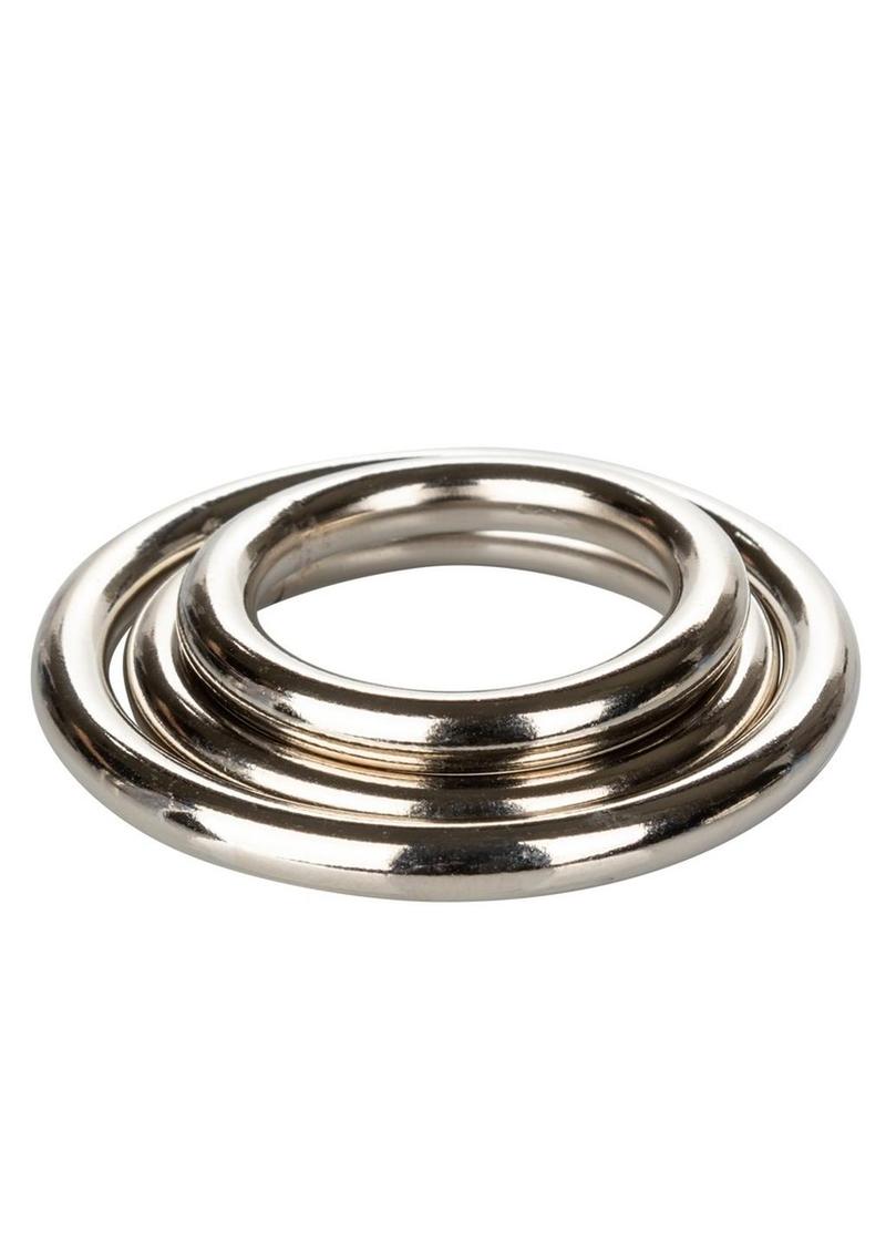 Silver Cock Rings - Metal/Silver - 3 Piece Set
Silver Ring 3-Piece Set of solid steel cock rings, small (1.25"), medium (1.5"), large (2"), enhances erections, doubles as strap-on harness replacements, phthalate-free.
metal cock rings, solid steel cock rings, strap-on harness replacement rings, erection enhancer, advanced sex toy, body-safe metal rings, waterproof cock rings, phthalate-free pleasure rings.