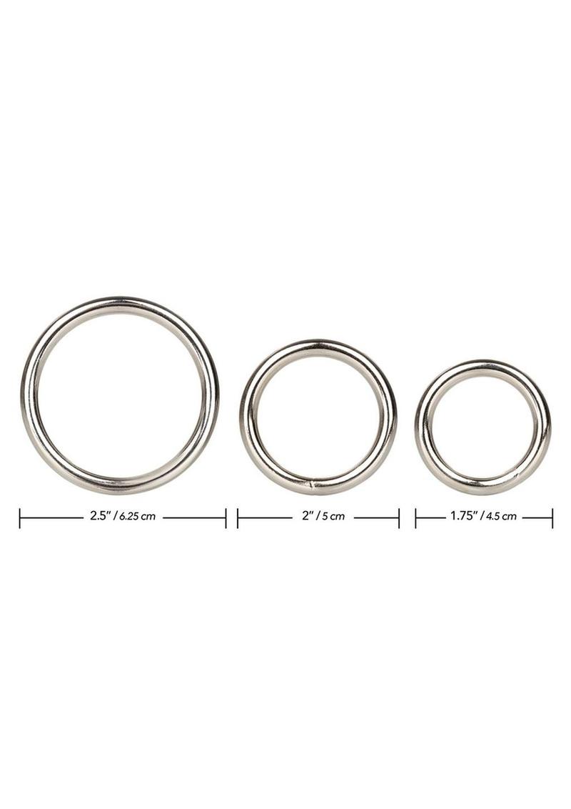Silver Cock Rings - Metal/Silver - 3 Piece Set
Silver Ring 3-Piece Set of solid steel cock rings, small (1.25"), medium (1.5"), large (2"), enhances erections, doubles as strap-on harness replacements, phthalate-free.
metal cock rings, solid steel cock rings, strap-on harness replacement rings, erection enhancer, advanced sex toy, body-safe metal rings, waterproof cock rings, phthalate-free pleasure rings.