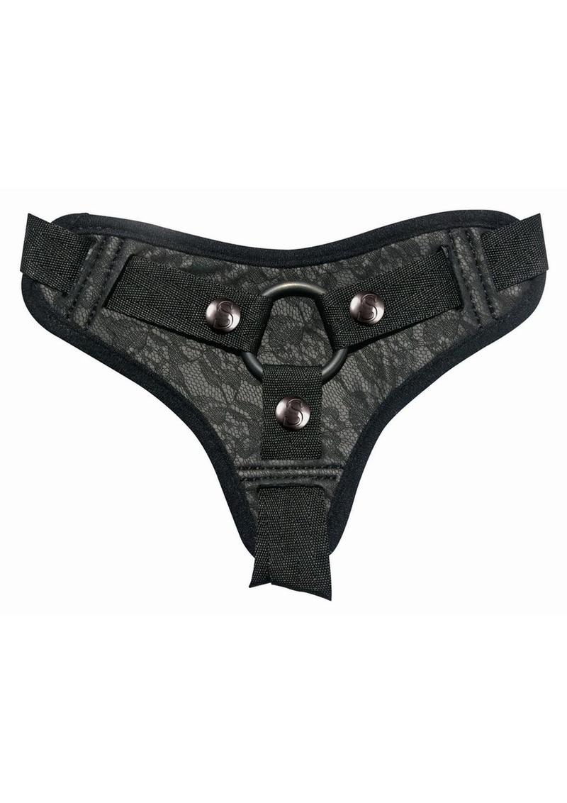 Sincerely Lace Strap-On Harness - Black
faux leather lace strap-on, adjustable harness for 60-inch hips, 1.5-inch O-ring strap-on, elegant strap-on harness, lace strap-on for flared-base dildos, jock-style strap-on, sophisticated strap-on harness, machine washable strap-on, Sportsheets lace strap-on