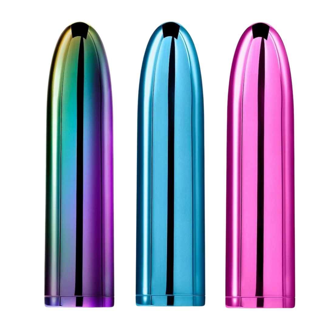 Chroma Petite sleek rechargeable vibrator with multi-speeds, water-resistant design, and vibrant colors. Keywords: Chroma Petite Vibrator, sleek rechargeable vibrator, water-resistant vibrator, colorful ABS vibrator, travel-friendly slim vibe, multi-speed vibrator, elegant metallic pink vibrator, rainbow vibrator, teal vibrator, discreet pleasure toy.