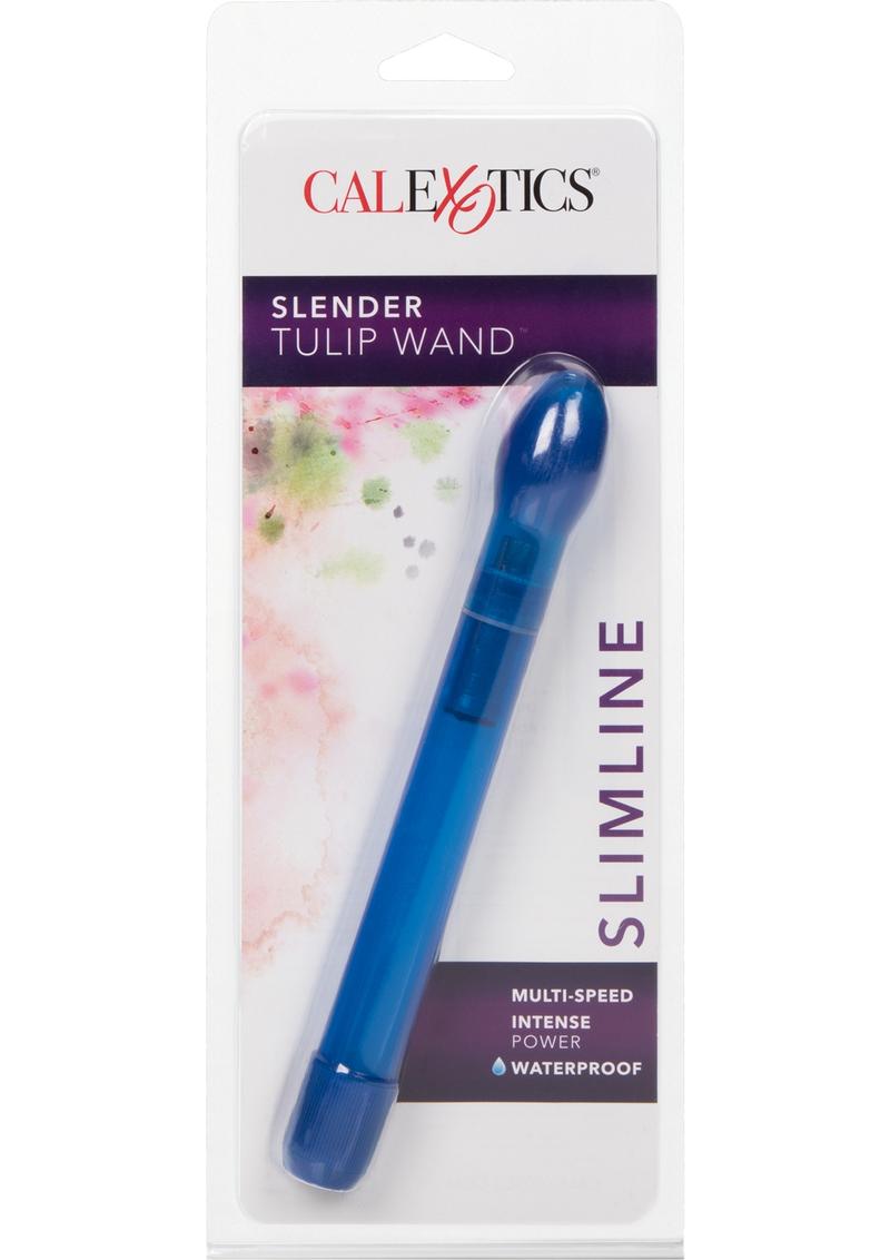 CalExotics Slender Tulip Wand™, slim 6.75-inch waterproof vibrator, tulip-shaped tip, multi-speed vibrations, body-safe ABS, available in Pink, Blue, or Purple.
slim waterproof vibrator, tulip-shaped vibrator, clitoral and internal stimulation, multi-speed wand, body-safe ABS vibrator, discreet travel vibrator, portable sex toy, waterproof slim vibe.