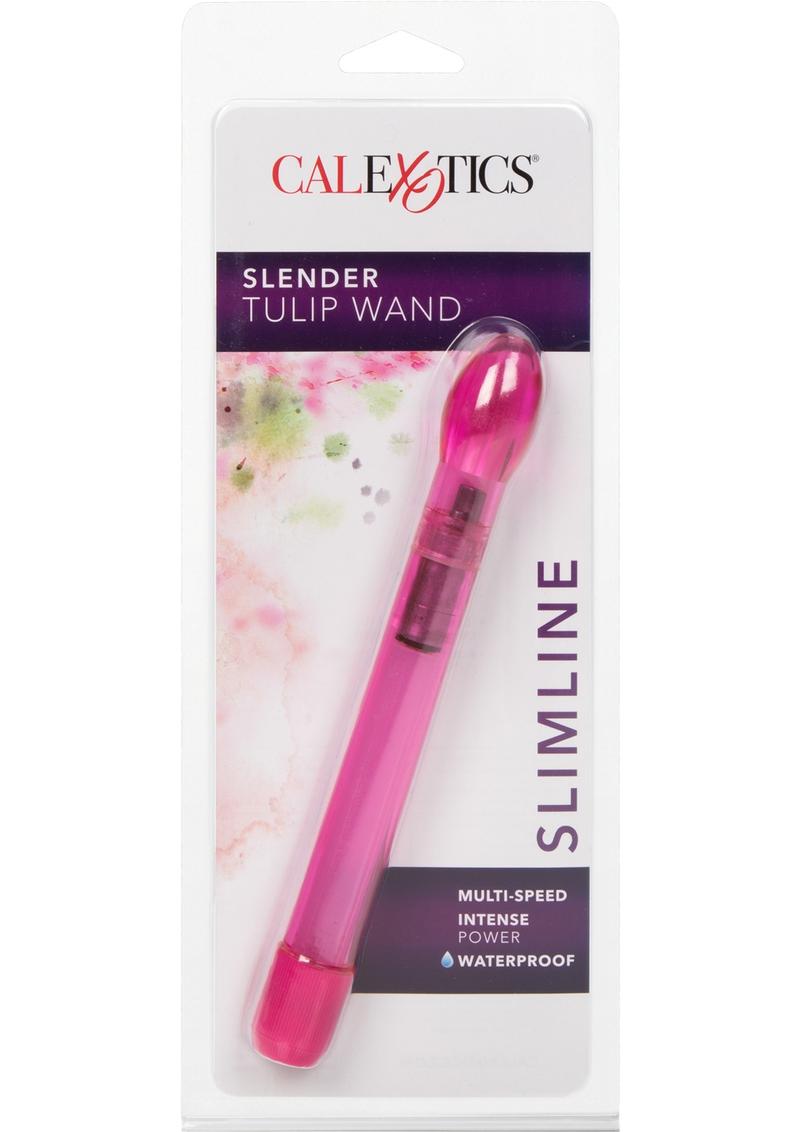 Slender Tulip Wand Vibrator - Pink CalExotics Slender Tulip Wand™, slim 6.75-inch waterproof vibrator, tulip-shaped tip, multi-speed vibrations, body-safe ABS, available in Pink, Blue, or Purple.
slim waterproof vibrator, tulip-shaped vibrator, clitoral and internal stimulation, multi-speed wand, body-safe ABS vibrator, discreet travel vibrator, portable sex toy, waterproof slim vibe.