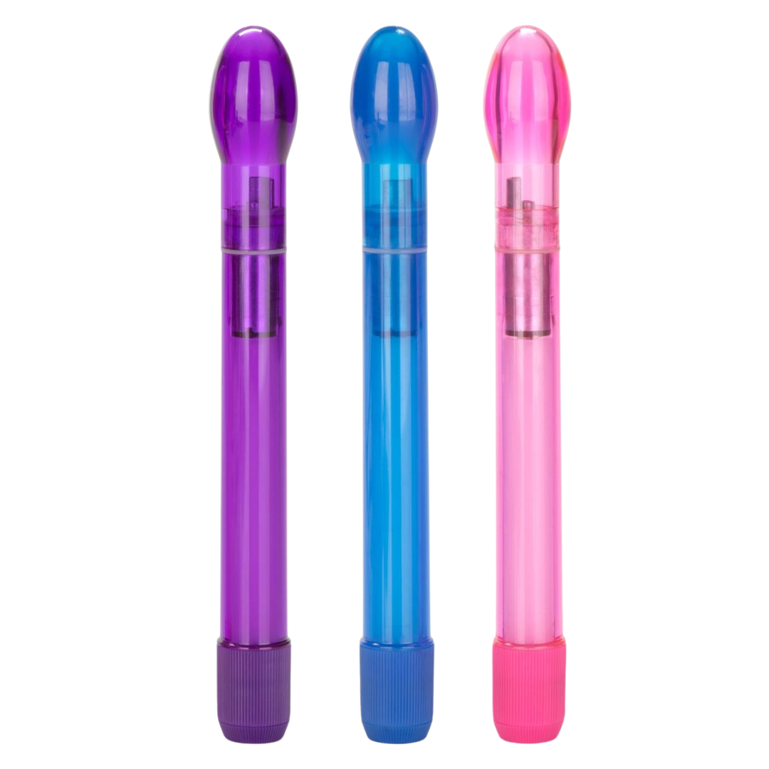 CalExotics Slender Tulip Wand™, slim 6.75-inch waterproof vibrator, tulip-shaped tip, multi-speed vibrations, body-safe ABS, available in Pink, Blue, or Purple.
slim waterproof vibrator, tulip-shaped vibrator, clitoral and internal stimulation, multi-speed wand, body-safe ABS vibrator, discreet travel vibrator, portable sex toy, waterproof slim vibe.