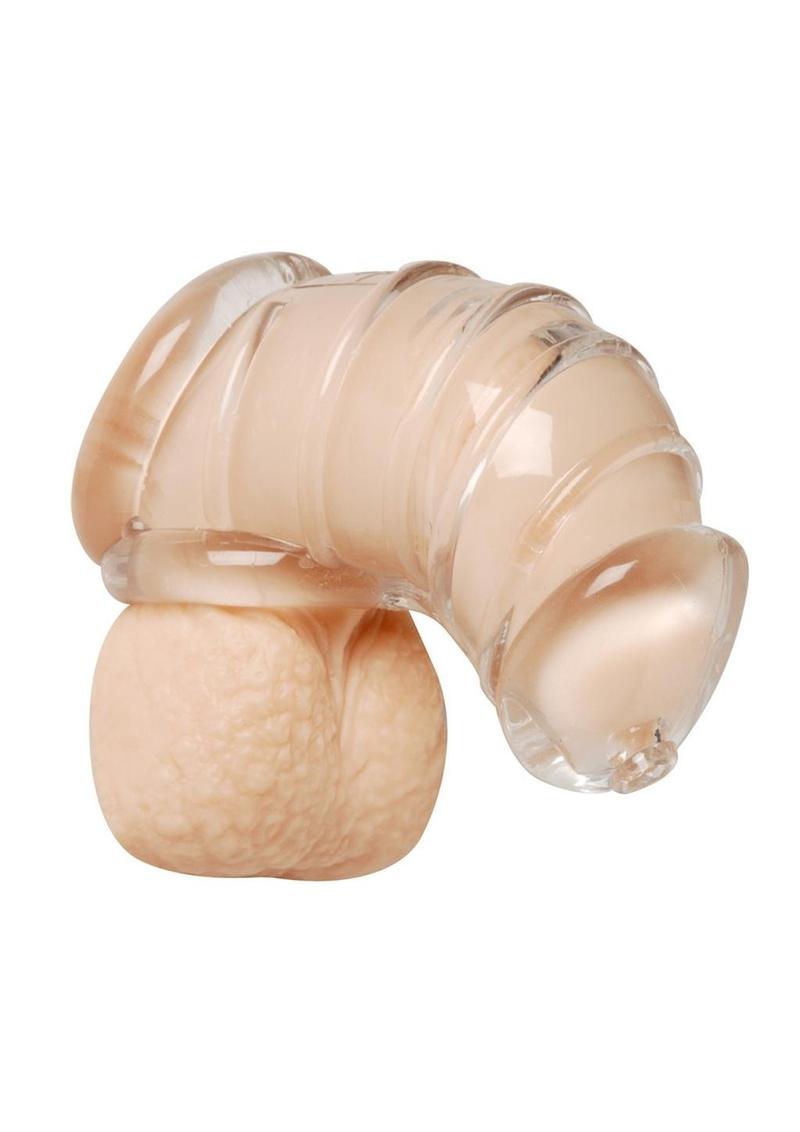 Master Series Detained Soft Body Chastity Cage - Clear soft body chastity cage, clear rubber chastity device, Master Series Detained Cage, erection restriction device, travel-friendly chastity cage, cock and ball chastity gear, discreet TPR chastity cage
