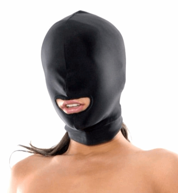 Black spandex open-mouth hood designed for sensory play, impairing vision while allowing unrestricted access and comfortable fit.