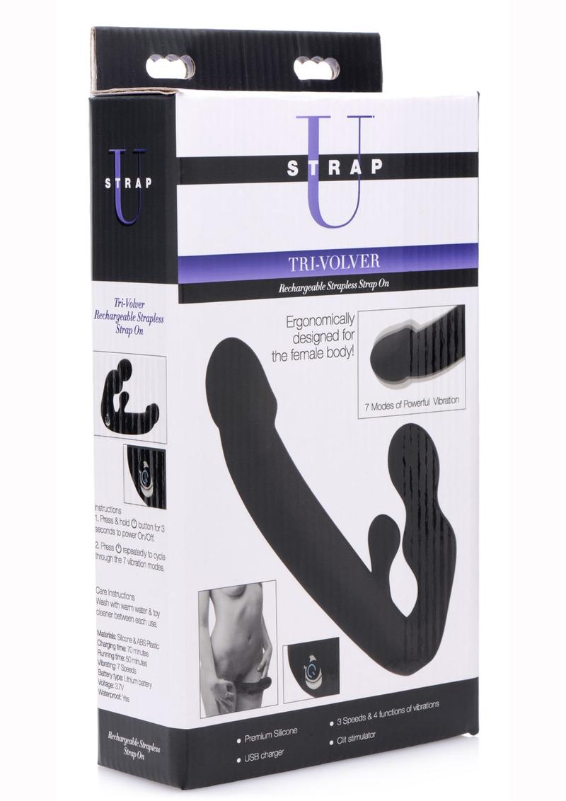 Strap U Tri-Volver Rechargeable Silicone Strapless Strap-On - Black Tri-Volver double-sided vibrating strapless strap-on, silicone, dual motors, 7 vibration modes, waterproof, USB rechargeable, shared pleasure.
vibrating strapless strap-on, double-ended dildo, dual-motor strap-on, waterproof strap-on, shared pleasure strap-on, body-safe silicone strap-on, USB rechargeable strap-on, strap-free vibrating toy, partner penetration toy, vibrating double dildo.